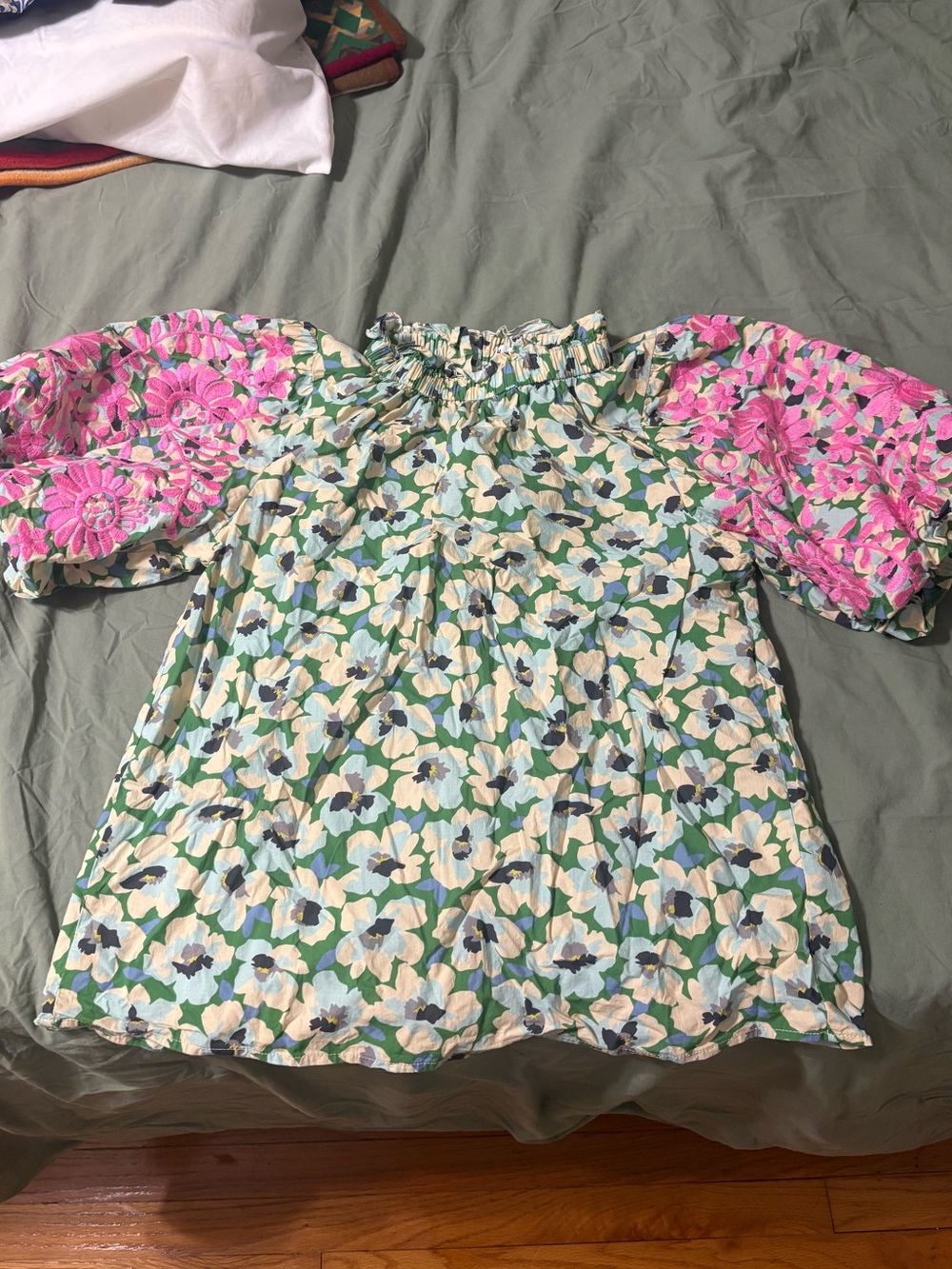 THML Floral Puff Sleeve Cotton Blouse with Pink Embroidered Sleeve